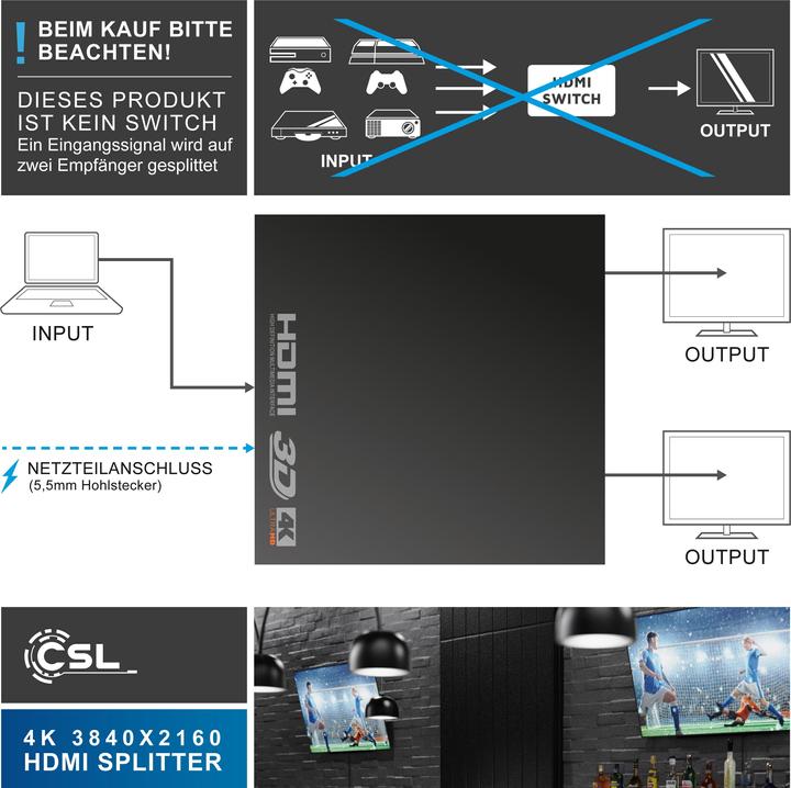 Immagine prodotto CSL Splitter HDMI, mini splitter 4K UHD a 2 porte 1x ingresso HDMI a 2x uscita HDMI, Ultra HD 2160p