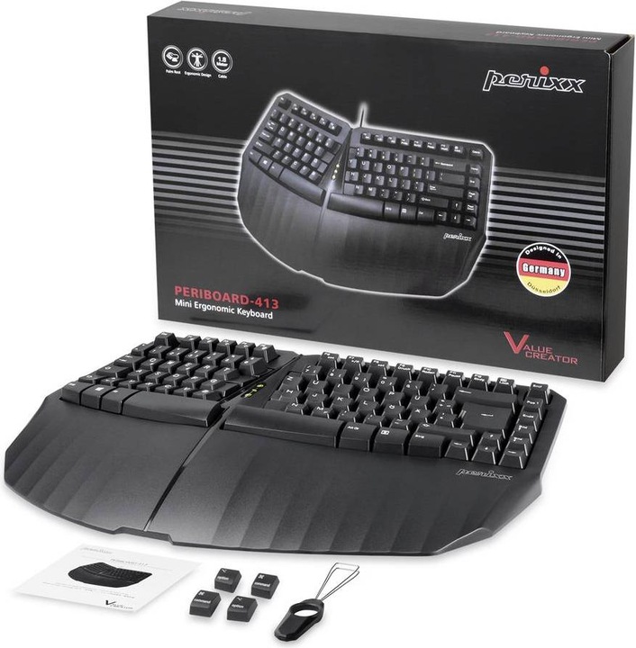 Produktbild Perixx PERIBOARD-613 DE B, Kabellose kompakte ergonomische Tastatur, schwarz (DE, Kabellos)