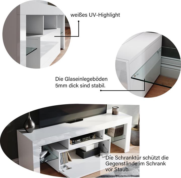 Actual product image SONNI TV-Schrank weiss, 130 x 35 x 45 cm, TV-Panel Hochglanz, mit LED-Beleuchtung (konfigurierbar in (130 x 35 x 45 cm)