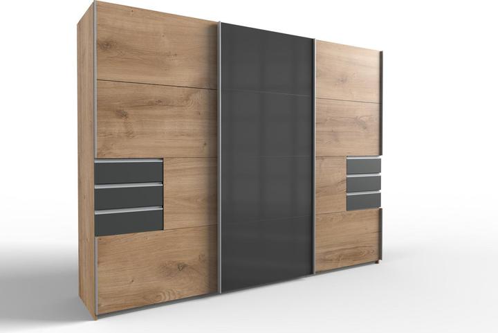 Continuous door front glass grey, Graphite drawers, Plank oak reproduction