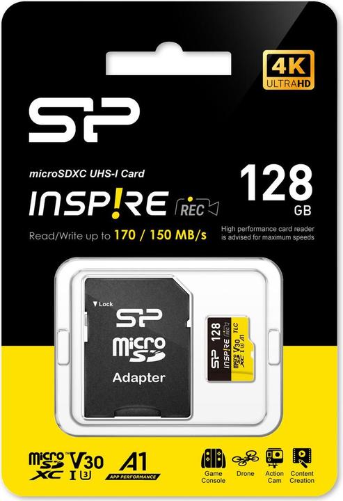 Immagine prodotto Silicon Power Schede di memoria Inspire 128GB, DDR200, W/A, CL10, V30, A1, TF SDXC UHS-IU3 (128 GB, microSDXC, U3, UHS-I)