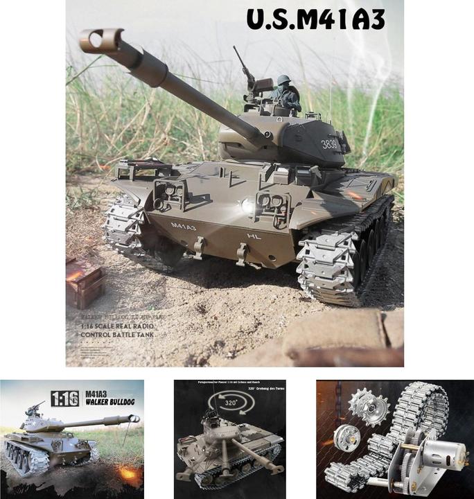 Immagine prodotto Es-toys Carro armato RC M41 A3 "WALKER BULLDOG" Heng Long 1:16 con R&S, cambio in metallo e cingoli in (RTR pronto all'uso)