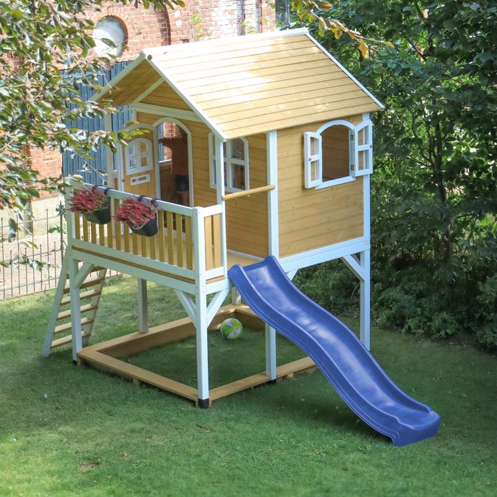 Produktbild Axi Marc Spielhaus Braun/weiss mit Blaue Rutsche