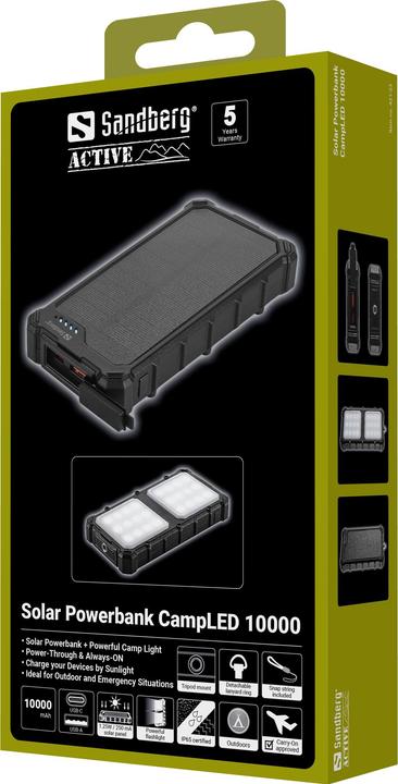 Produktbild Sandberg Solar Powerbank CampLED 10000 (10000 mAh, 22.50 W, 37 Wh)
