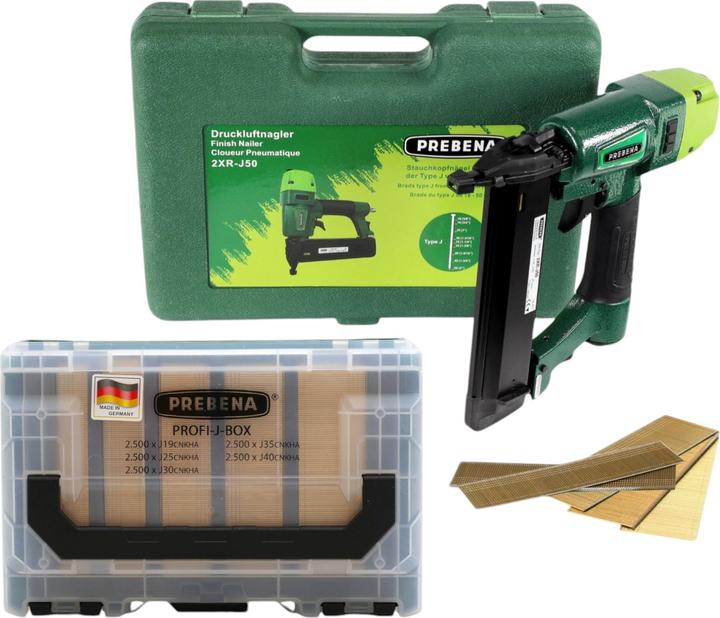 Produktbild Prebena 2XR-J50 Druckluftnagler 4,0 - 7,0 Bar + PROFI-J-BOX Stauchkopfnägel Brads 12500 Stk. +