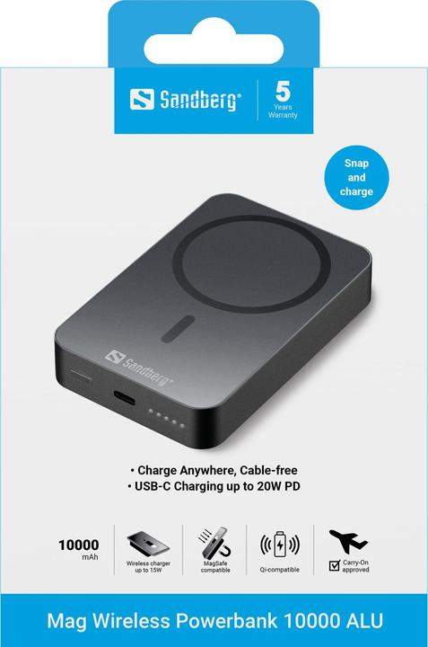 Produktbild Sandberg Mag Wireless Powerbank 10000 ALU (10000 mAh, 20 W, 37 Wh)