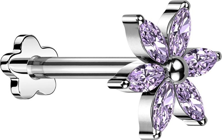 Star Piercing Micro Threadless Labret Blume silber Blume silber Kristalle violett (Titan G23, ohne Messing)