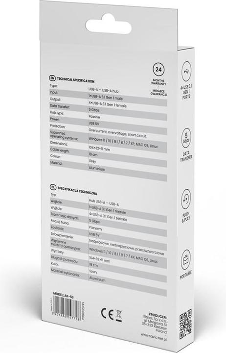 Produktbild Savio 4-Port-HUB USB 3.1 Gen 1, AK-53 (USB-A, 4 Ports)