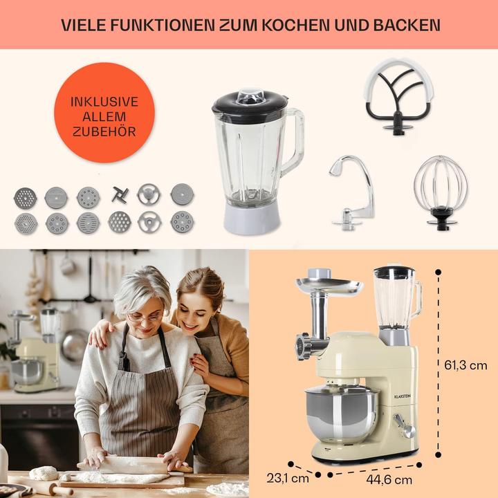 Image du produit Klarstein Universalküchenmaschine mit Knetmaschine, Fleischwolf & Mixer (1800 W)
