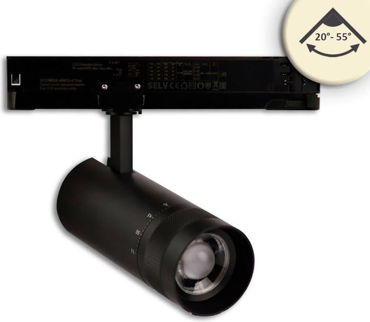 Actual product image Isoled Focusable 3-phase track spotlight, 24W, 20°-55°, black matt, 3000K, DALI dimmable