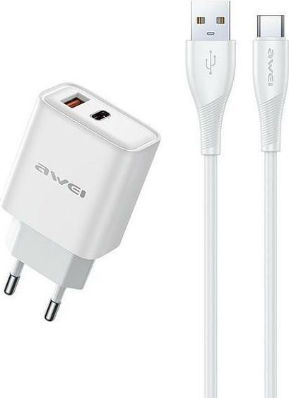 Awei ład. siec. PD81T-EU 22.5W + cable USB + USB-C biała/white GaN (22 W, 2 ports)