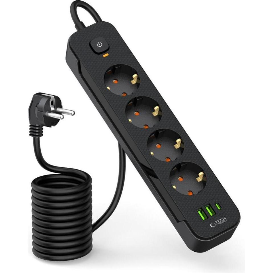 Tech-Protect, Steckdosenleiste, PCL4X3 Power Strip 4 Sockets 240V + 2xUSB-A + 1xUSB-C 200 cm - Black (4 x, USB-A, USB-C,...