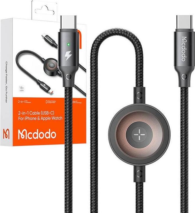 Image du produit Mcdodo 2 en 1 Set USB-C vers USB-C Câble de charge & chargeur sans fil pour Apple Watch (1.50 m, USB 3.2 Gen 1, 60 W)