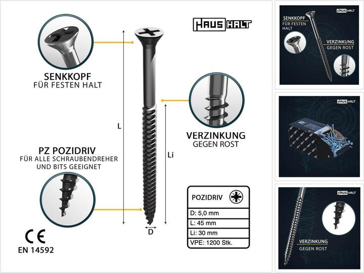 Actual product image Haushalt Universal wood construction screw wood screw 5,0 x 45 mm PZ2 1200 pcs ( 4x 000051371196 ) silver (1 Screws per piece)