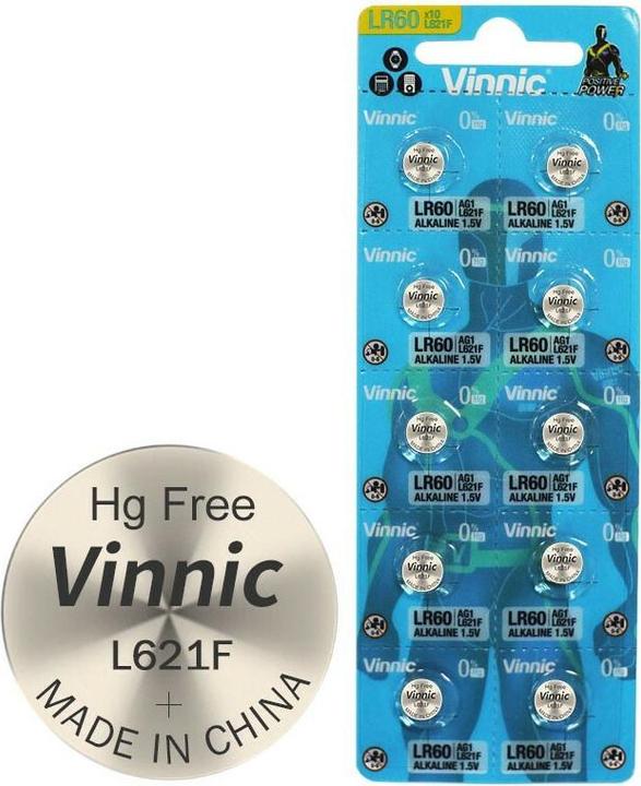 Actual product image Vinnic 10 Stück AG1 Alkaline-Einweg-Batterie Type G1, AG1, L621, LR60 (10 pcs., LR621., 22 mAh)