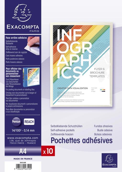 Image du produit Exacompta Sachet de 10 pochettes adhésives PVC lisse 14/100e - A4 - Cristal (A4, 10x)