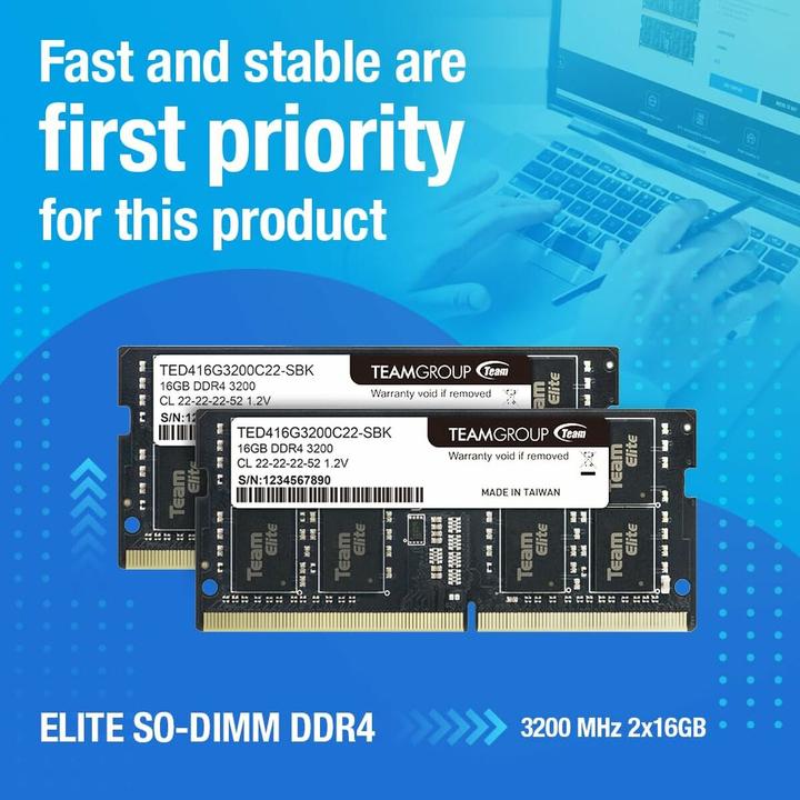 Productafbeelding Team Group Notebook geheugen Elite 8GB DDR4 3200MHz SODIMM CL22 1.2V (1 x 8GB, 3200 MHz, DDR4 RAM, SO-DIMM)