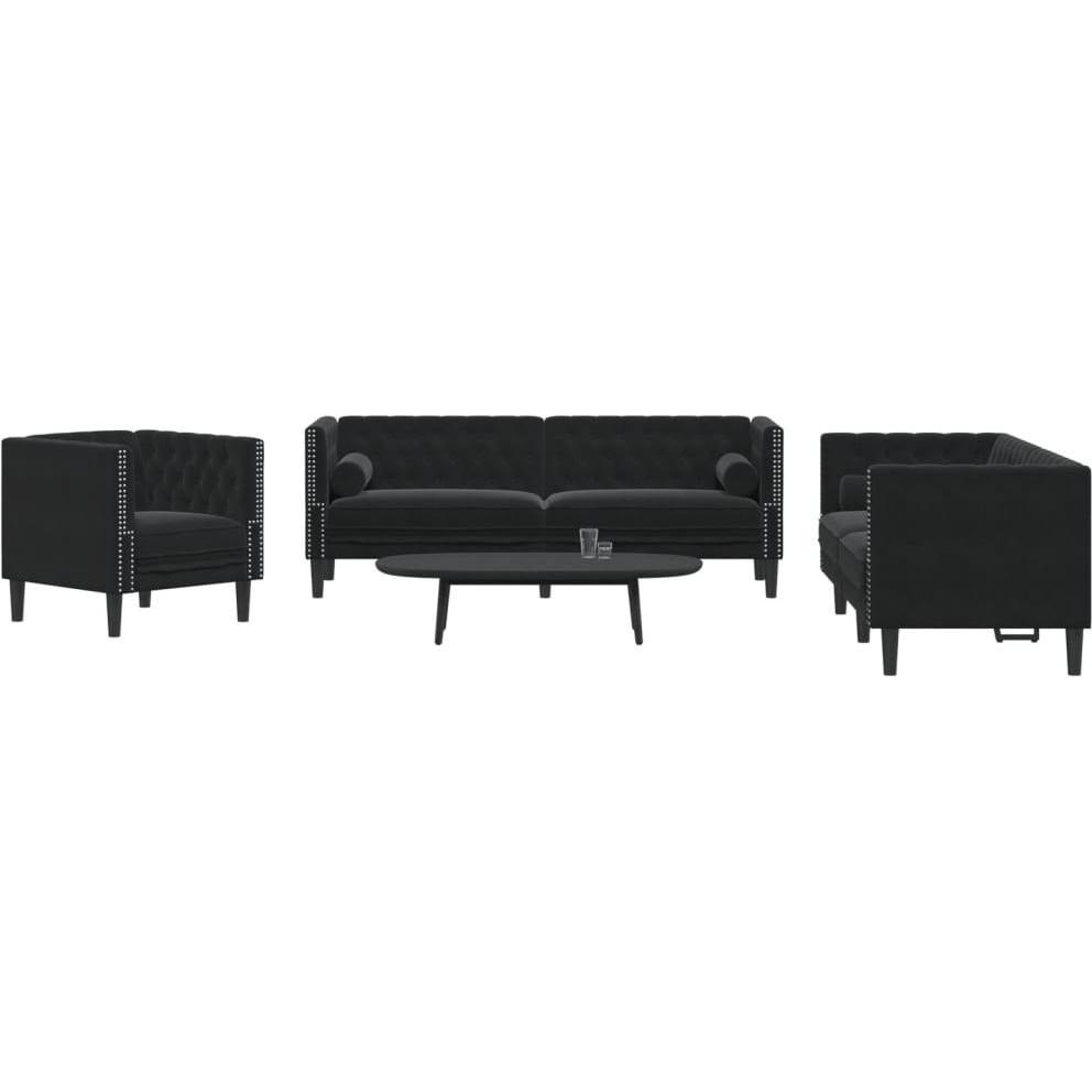 Thumbnail - VidaXL, Sofa, Chesterfield Sofa Set mit Nackenrollen Sofagarnitur 3-tlg. Schwarz Samt (3-Sitzer)