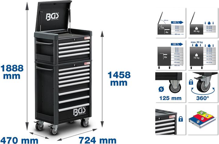 Produktbild BGS Werkstattwagen Profi Standard Maxi 12 Schubladen mit 263 Werkzeugen (263 x)
