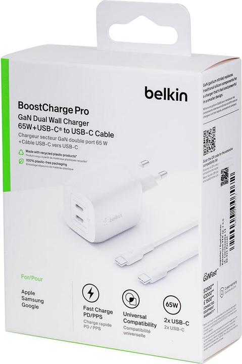 Actual product image Belkin Dual USB-C GaN Ladegerät mit Power Deliver und PPS Technologie inkl. 2 Meter USB-C Kabel (65 W)