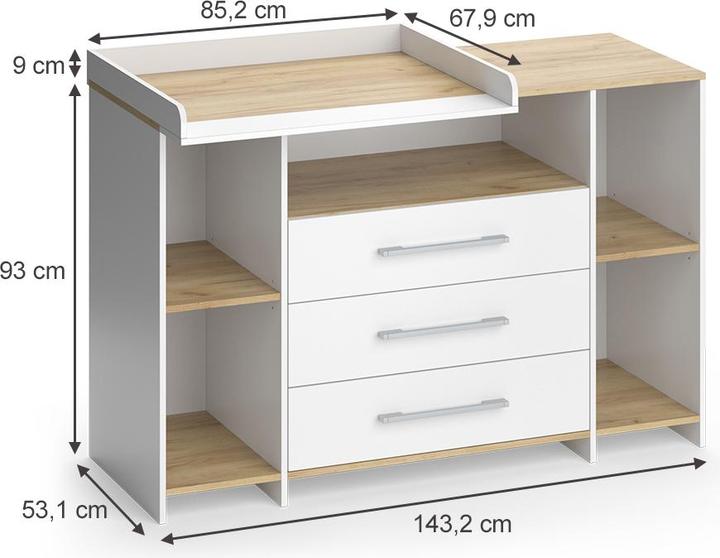Produktbild Vicco Wickelkommode Oskar, Weiss/Goldkraft Eiche, 143.2 x 93 cm mit 3 Schubladen