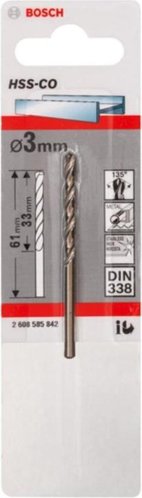 Produktbild Bosch Professional Zubehör Metallbohrer HSS-Co, DIN 338, 3 x 33 x 61 mm, 1er-Pack (3 mm)