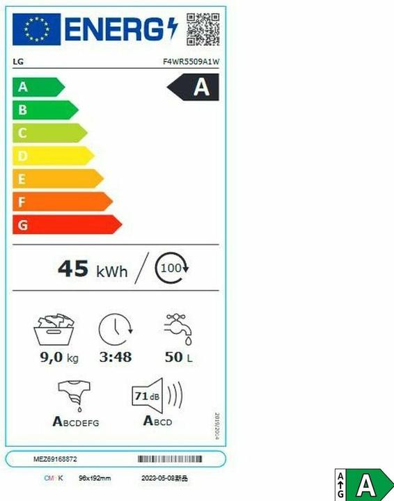 Energy Label LG Waschmaschine F4Wr5509A1W 1400 Rpm 9 Kg (9 kg, Left)