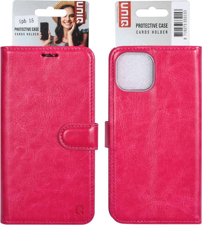 Actual product image UNIQ Accessory Case iPhone 15 - Book Case faux leather hot pink No.707 (Apple iPhone 15)
