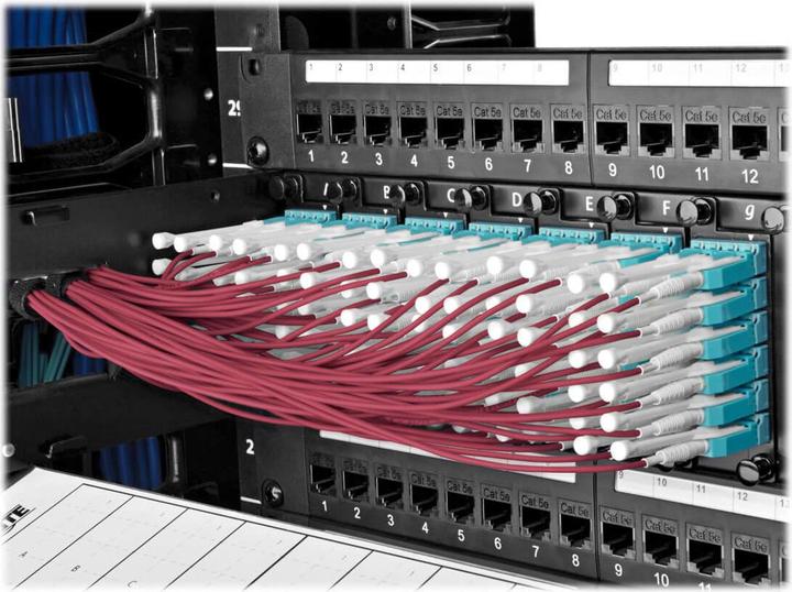 Actual product image Eaton 40G MTP/MPO to 4xLC Fan-Out OM4 Plenum-Rated Fibre Optic Cable 40GBASE-SR4 Magenta 2 (CAT8.2, 2 m)