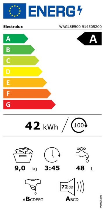 Energy Label Electrolux WAGL8E500 (9 kg, Left)