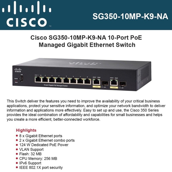Produktbild Cisco SG350-10MP: 10 Port Managed Switch (10 Ports)