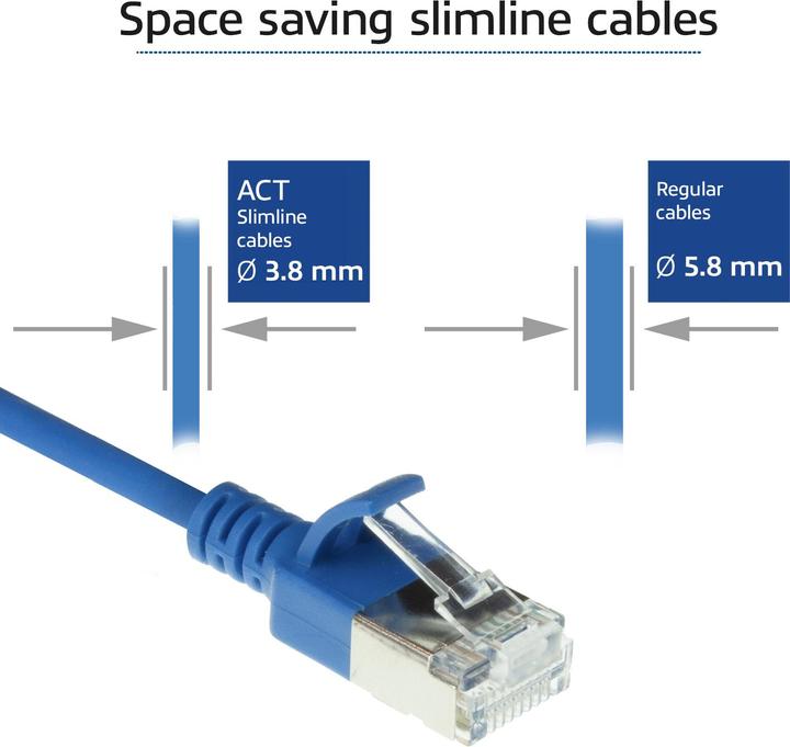 Produktbild ACT Blue 3 meter LSZH U/FTP CAT6A datacenter slimline patch cable snagless with RJ45 connectors (U/FTP, CAT6a, 3 m)