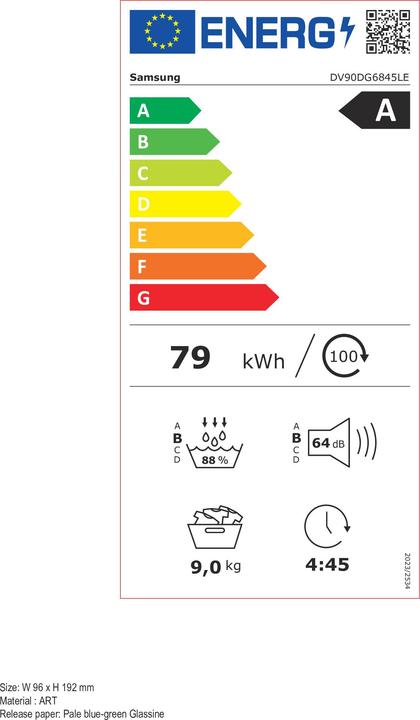 Energy Label Samsung DV90DG6845LEU3 Wärmepumpentrockner, 9kg, A Klasse (9 kg, Right)