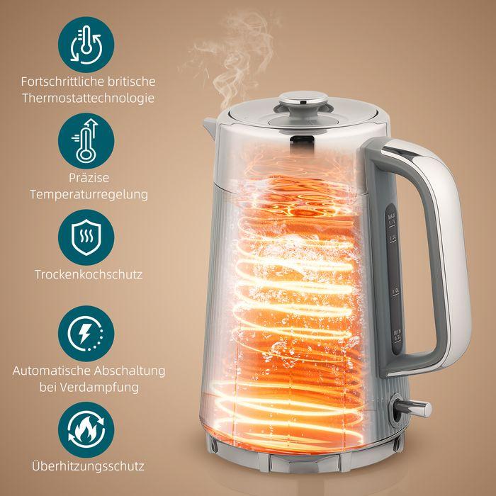 Produktbild Swisshandel24 Wasserkocher, Schnellkochfunktion, 2200W, 1,7L, 4-Scheiben-Toaster, Grau (1.70 l)