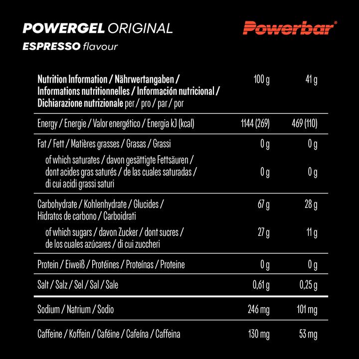 Valeurs nutritives et ingrédients Powerbar PowerGel Original (Expresso, Caféine, 24 pcs, 984 g)