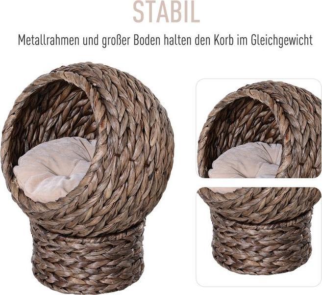 Produktbild Swisshandel24 Rattan Katzenkorb Katzenhöhle Katzenhütte Katzenbett mit Kissen Haustierbett Wasserhyazinthe Dunkelb (Katze)