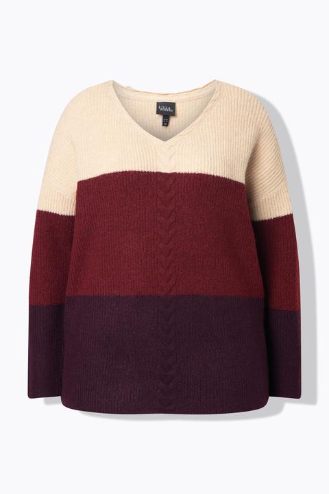 Produktbild Ulla Popken Pullover, Streifen, Zopfmuster, V-Ausschnitt, Langarm (60)