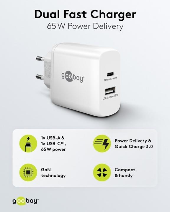Produktbild Goobay USB-C PD Dual-Schnellladegerät 65 W schwarz (65 W, 2 Ports)
