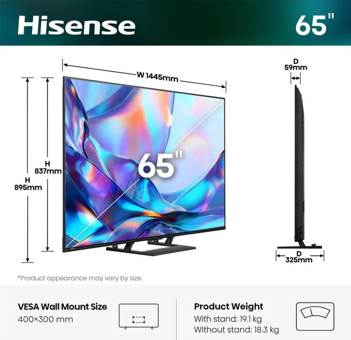 Actual product image Hisense 65A7DS sw QLED TV UHD,Multituner,Smart,DolbyVision,HDR10+ (65", LED, QLED, 4K, 2026, EN)