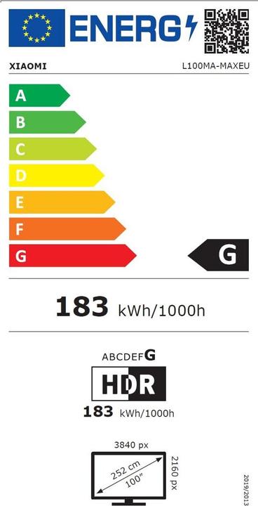 Etichetta energetica Xiaomi | TV | Max 2025 | 100 | Smart TV | Google TV | UHD | Grigio (100", LED, QLED, UHD, 2025)