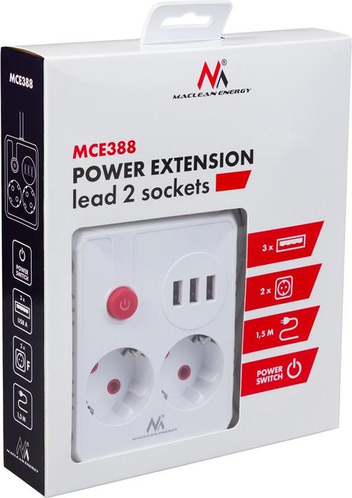 Actual product image Maclean Multiple socket outlet, extension cable, 2 sockets + 3 USB ports (5x, USB-A, 1.50 m)