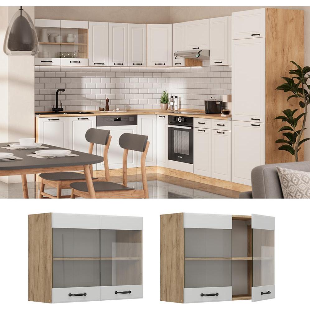 Thumbnail - Vicco, Regal, Küchenglashängeschrank R-Line, Weiss Landhaus/Goldkraft Eiche, 80 cm (80 x 60 x 31 cm)