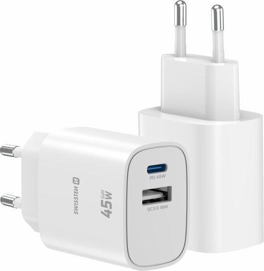 Produktbild Swissten Netzadapter EDGE GaN 45W, 2 Ports, 1x USB-C PD 45W + 1x USB-A 18W QC (45 W, 2 Ports)