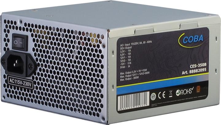 Actual product image Intertech Coba CES-350W 82+ ATX power supply 350W fan 120mm 1x PCI E 6+2 pin 3xS ATA 1x EPS 8 pin 1x FD... (350 W)