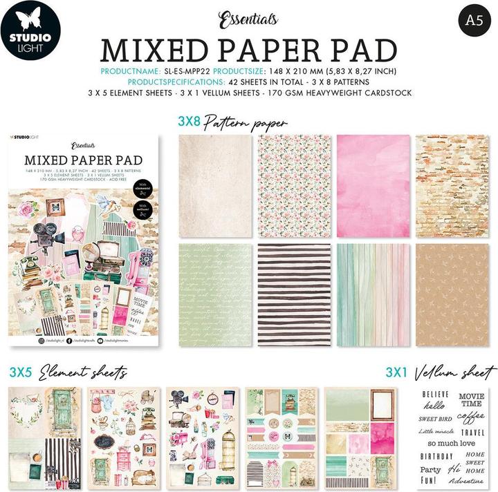 Actual product image art by marlene Mixed Paper Pad "Lovely Vintage" 42 Sheets Essentials (170 g/m², A5, 42 pcs.)