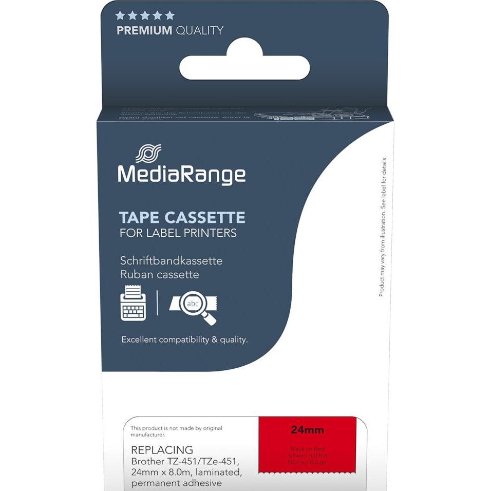 MediaRange, Beschriftungsband, Schriftbandkassette schwarz auf rot 8m x 24mm (2.40 cm, Rot)