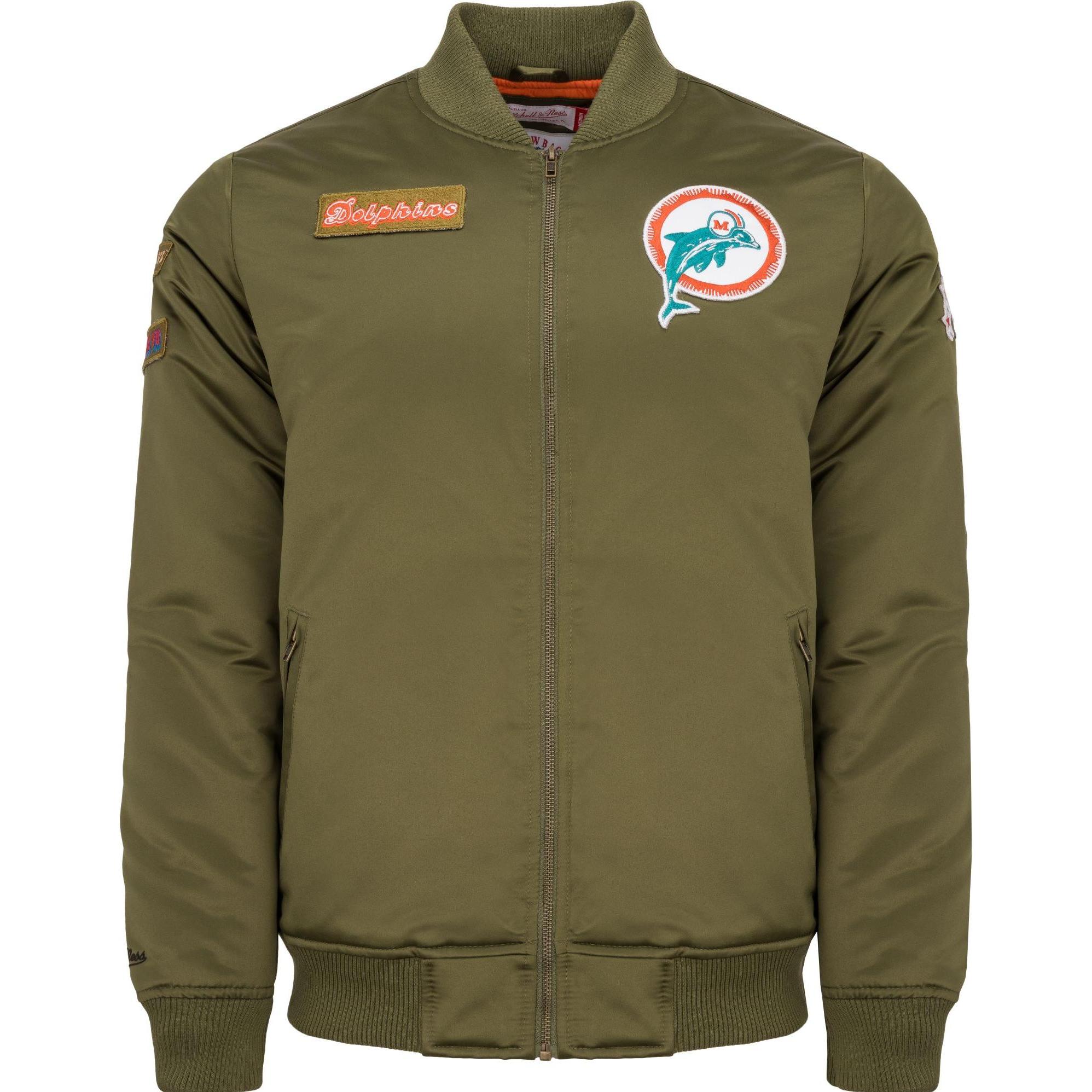 Mitchell & Ness, Herren, Jacke, M&N Satin Bomber Jacke - PATCHES Miami Dolphins oliv - XL (XL), Grün, XL