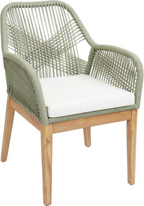 Mendler Gartenstuhl HWC-H56b, wetterfest Seilgeflecht Rope Holz Akazie - grün Kissen creme