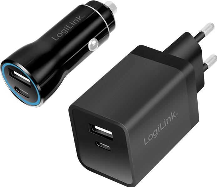 Produktbild LogiLink USB-Ladeadapter-Set, Auto & AC, USB-C/F + USB-A/F, 5 V/15 W, schwarz