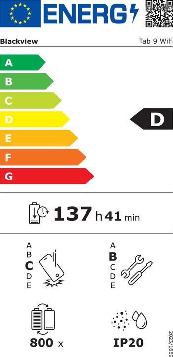 Label énergétique Blackview TABLET TAB9 WIFI 10"/8+16/256GB GRAY (WLAN uniquement, 11", 256 Go, Grey)